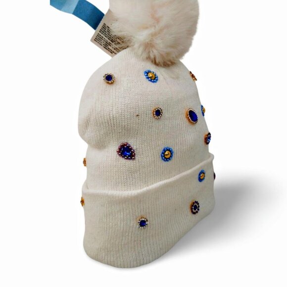 Radiant Embroidered Diamond Winter White Jewel Embellished Knit Beanie TT1520 - Picture 3 of 5